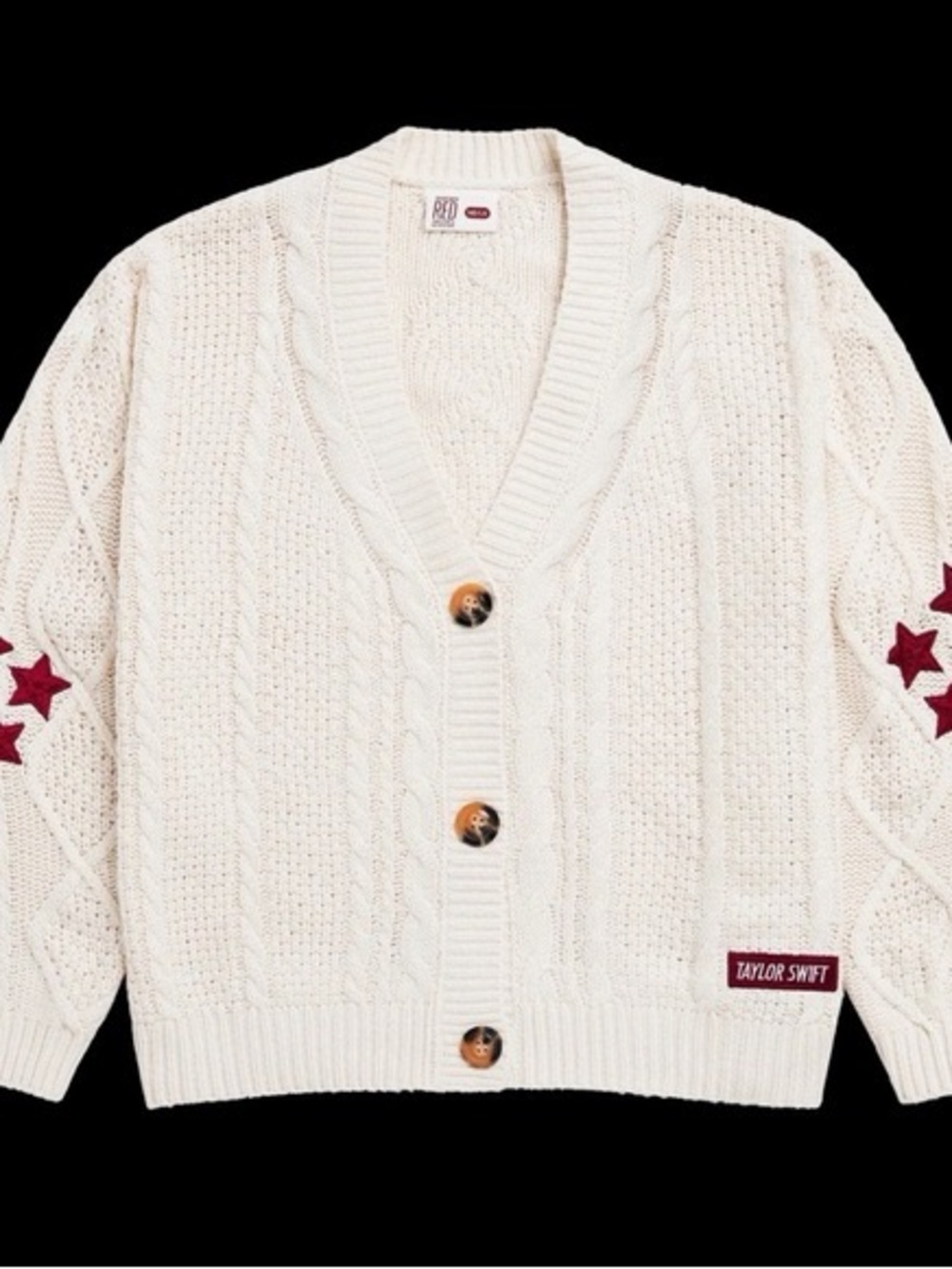 Taylor Swift RED era Cream Cable Knit Cardigan with Burgundy Star Accents